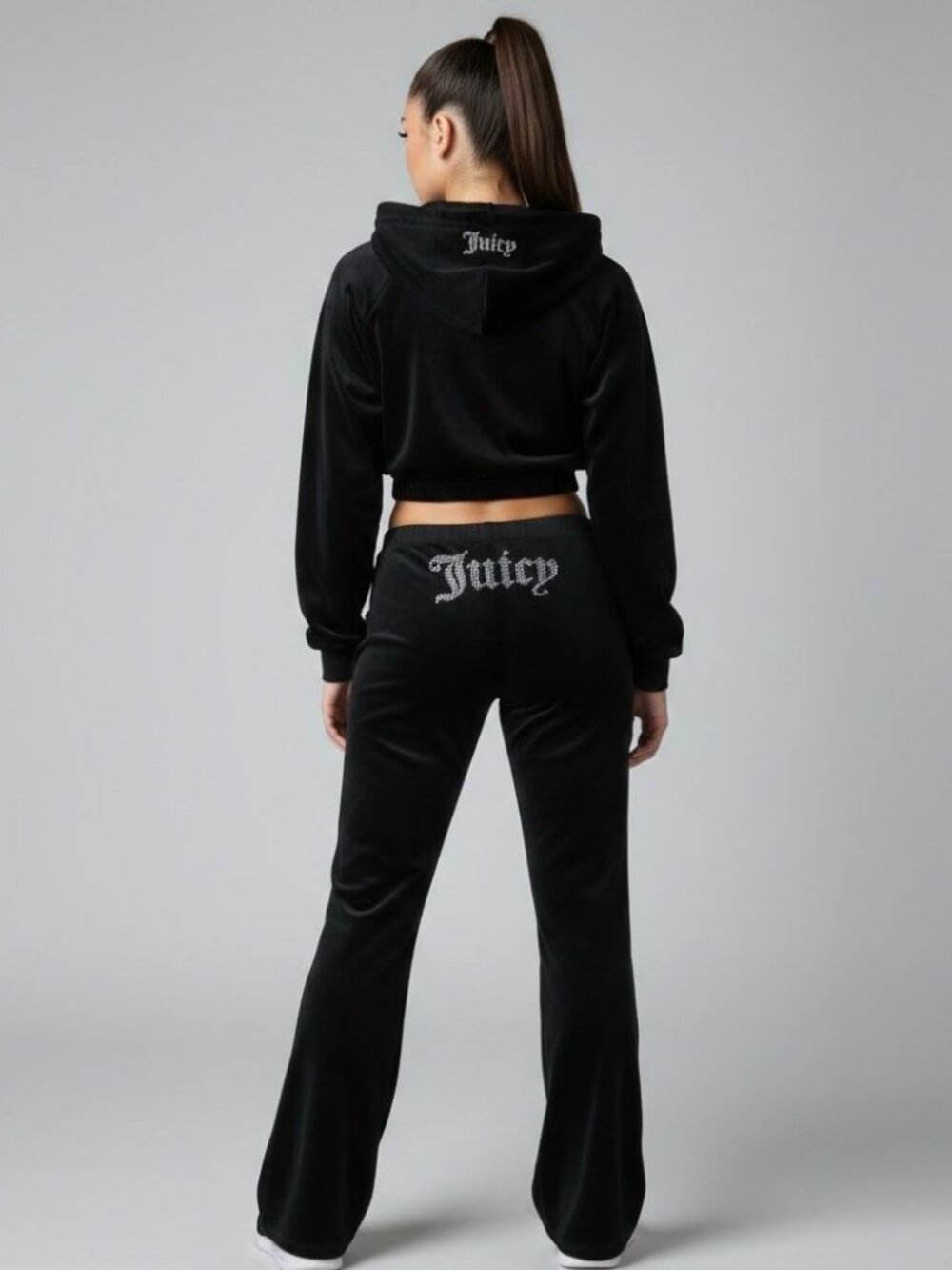 Juicy Couture Womens M/L Low Waist Velour Rhinestone Logo Wide Leg Pants Black